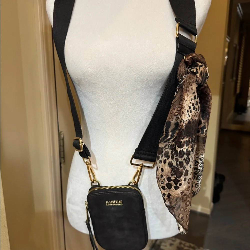 27-AMY KESTENBERG black‎ suede like  Nylon Crossbody Accented w/ Scarf twilly